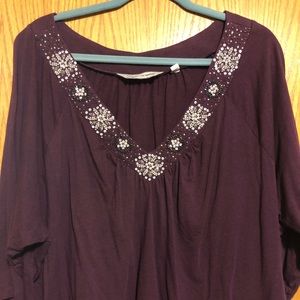 Wine cotton/modal blouse with beaded neckline